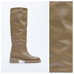 NWT. Zara Sand Brown Leather Low-Heel Knee High Boots with Topstitching. Size 8.